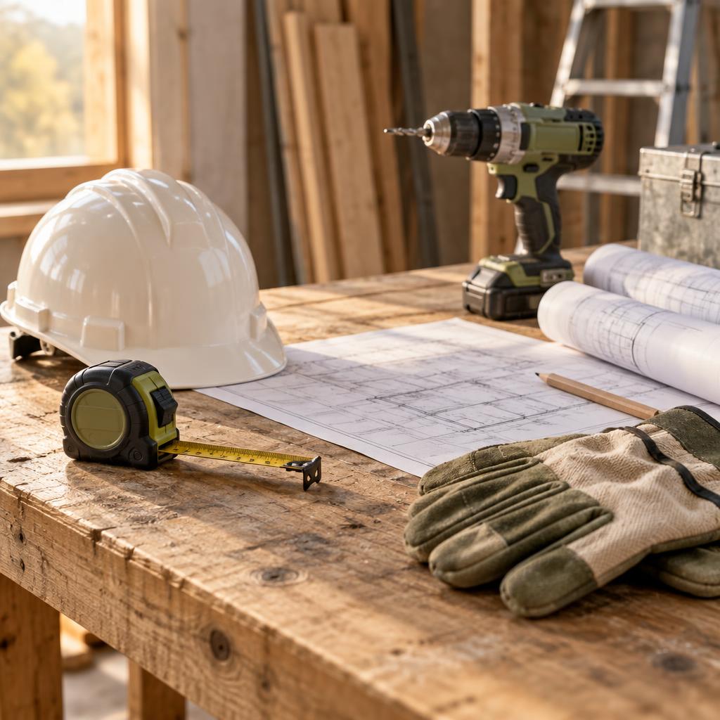 Contractor workbench with hard hat and blueprints