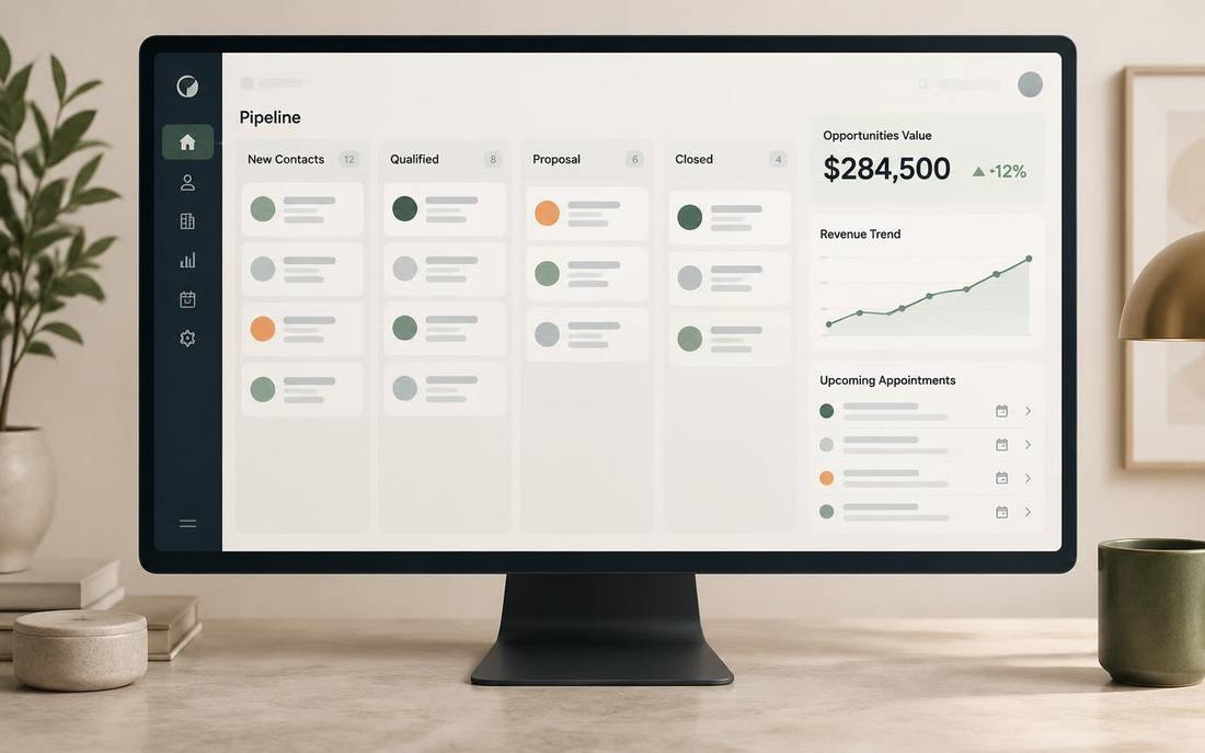 A CRM pipeline with contacts, opportunity value, revenue trend and upcoming appointments