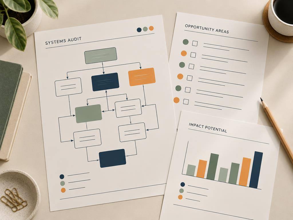 A printed systems audit with a hand drawn systems map and opportunity checklist